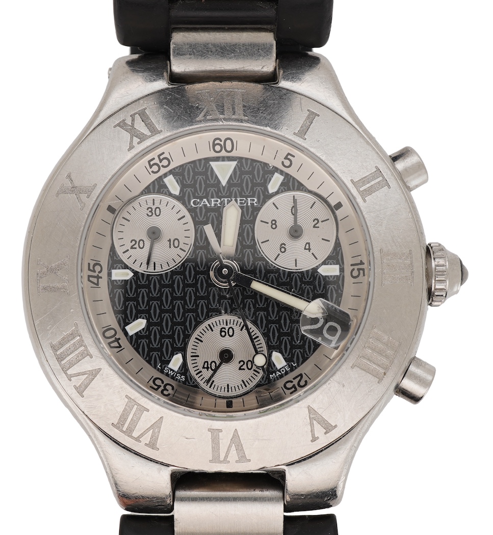 A gentleman's stainless steel Cartier 21 Chronoscaph wrist watch, the black face with three subsidiary dials, date aperture and baton numerals